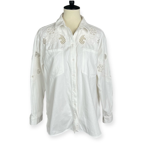 SECRET MISSION Floral Embroidered Cotton Structured White Button Up Shirt Boho M - Picture 2 of 10